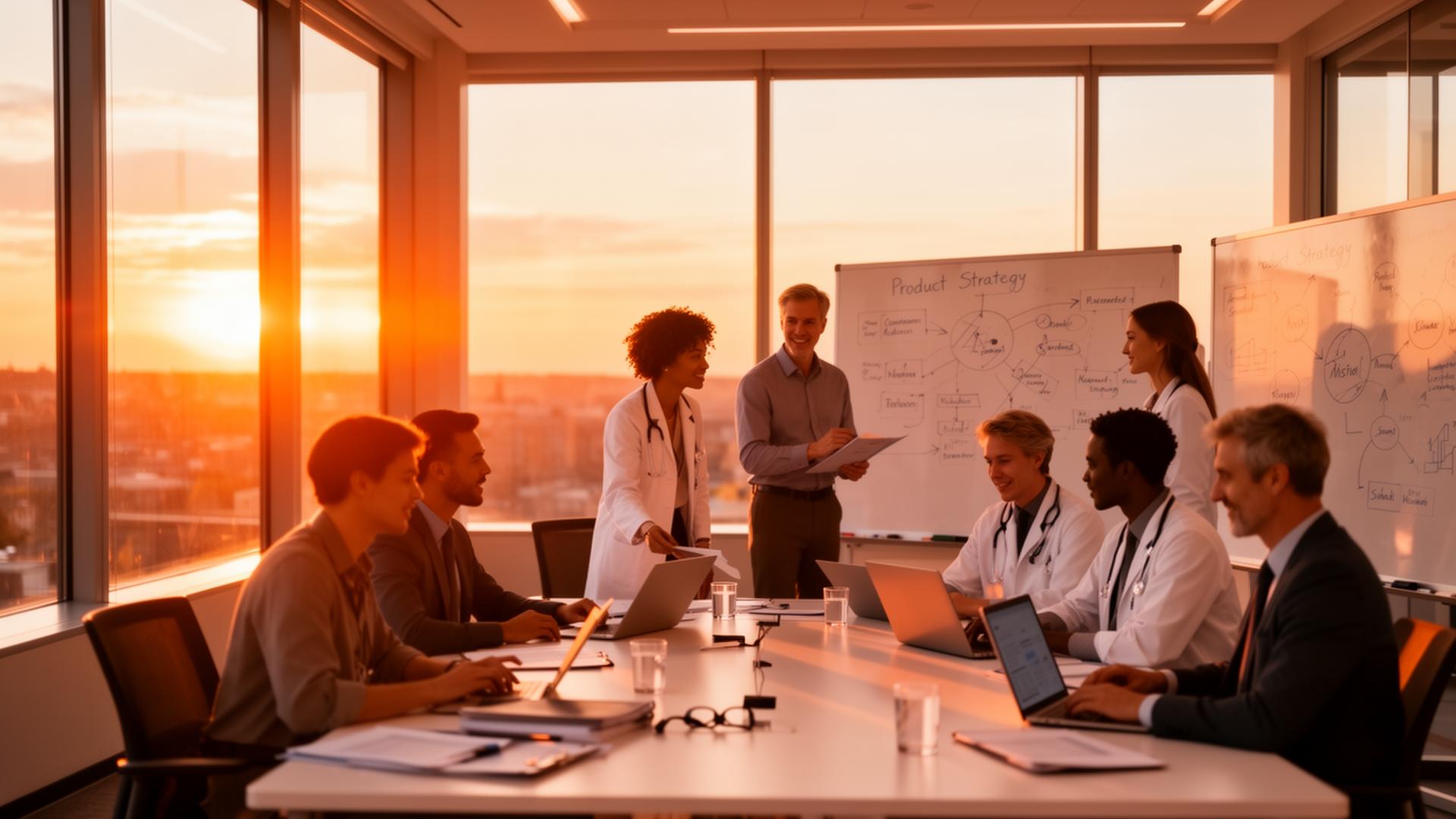 Diverse healthcare and product professionals collaborating in sunlit modern workspace